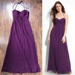 Amsale • plum silk chiffon dress bridesmaid crinkle halter purple formal G425C